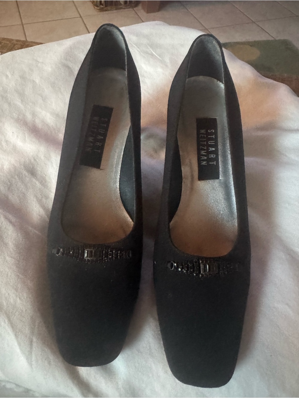Stuart Weitzman Black Suede Square Toe Block Heel Pumps